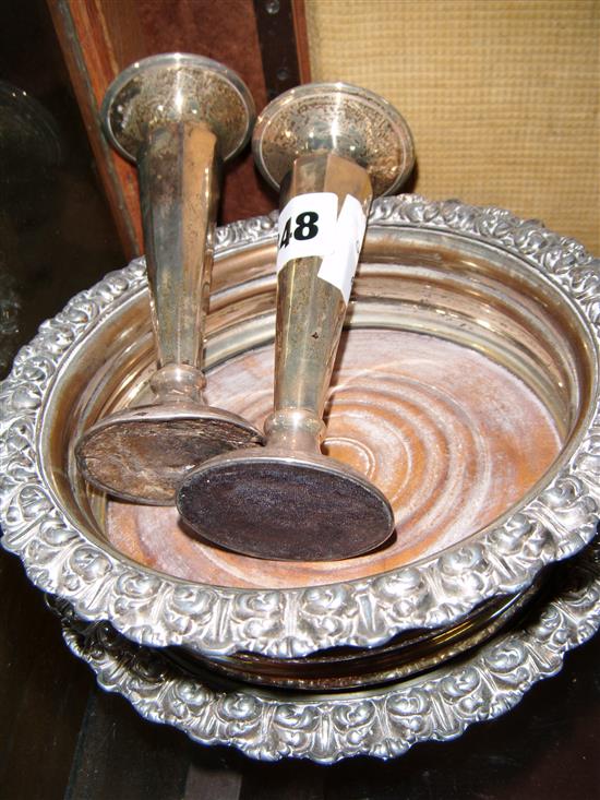 Pair of silver posy vases and a pair of plated wine coasters